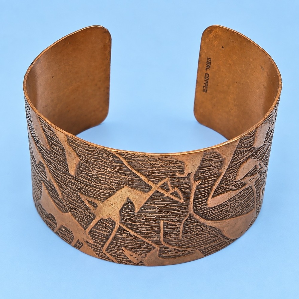 Vintage Real Copper Wide Cuff Bracelet Abstract Modernist Textured Boho -3850
